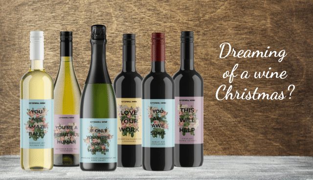 6 bottles of wine with dreaming of a wine christmas text